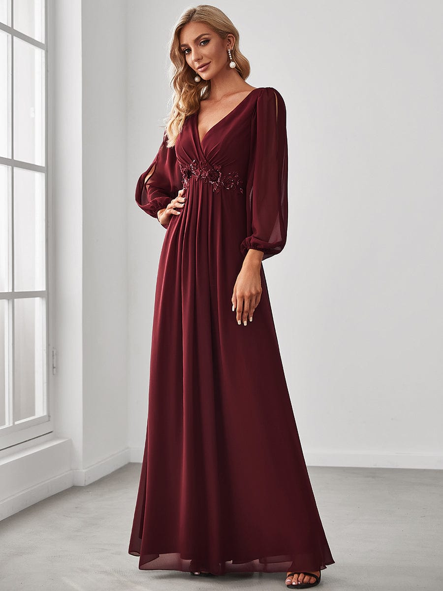 Sophisticated Deep V-Neck Formal Dress with Long Lantern Sleeves