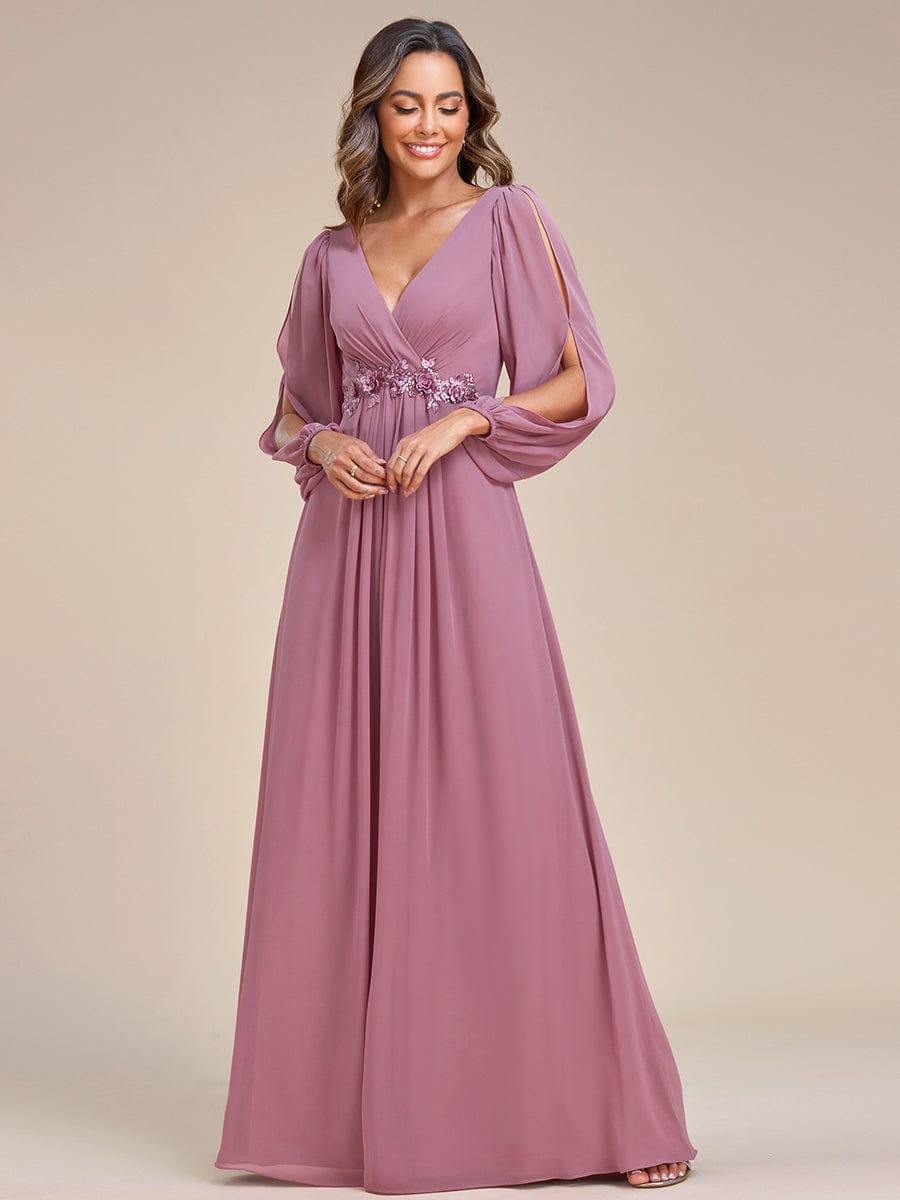 Sophisticated Deep V-Neck Formal Dress with Long Lantern Sleeves