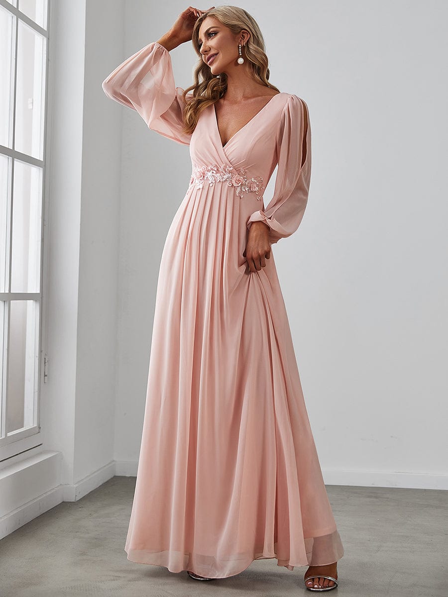 Sophisticated Deep V-Neck Formal Dress with Long Lantern Sleeves