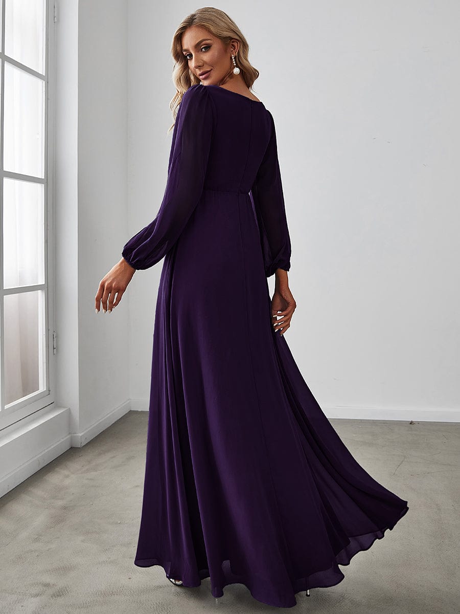 Sophisticated Deep V-Neck Formal Dress with Long Lantern Sleeves