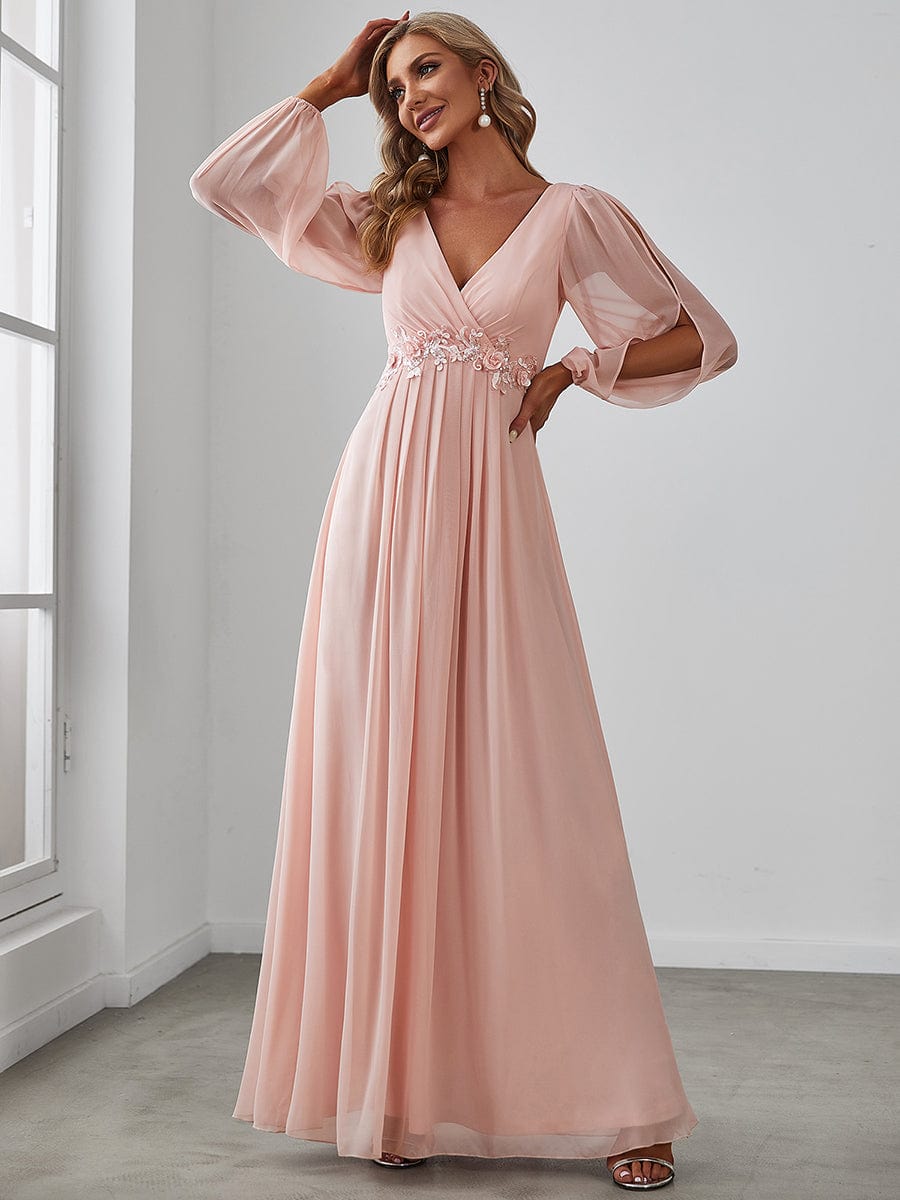 Sophisticated Deep V-Neck Formal Dress with Long Lantern Sleeves