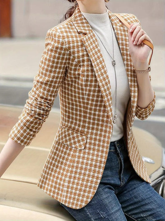 Sophisticated Houndstooth Blazer with Chic Lapel for Autumn & Winter, Women's Apparel