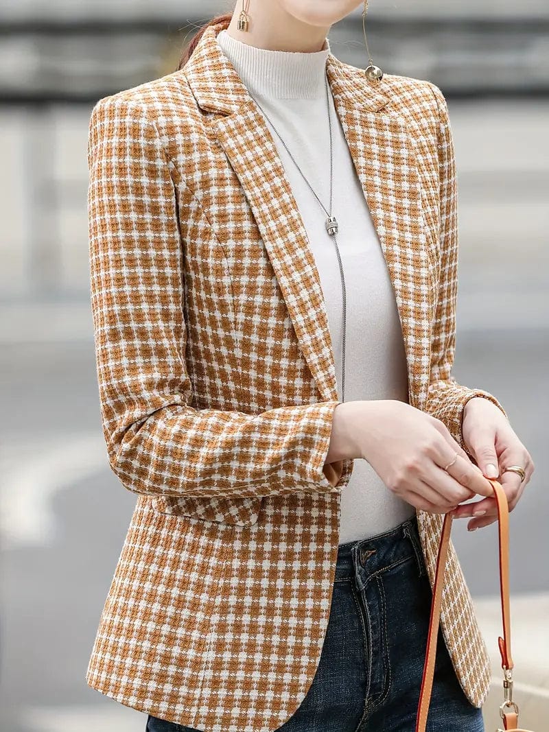 Sophisticated Houndstooth Blazer with Chic Lapel for Autumn & Winter, Women's Apparel