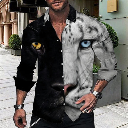 Men's Shirt Graphic Shirt Animal Leopard Turndown Black White Yellow Blue Brown 3D Print Outdoor Street Long Sleeve Button-Down Print Clothing Apparel Fashion Designer Casual Breathable