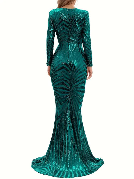 Sparkling Mermaid Dress with V-neck and Long Sleeves, Chic and Figure-Hugging Attire for Parties, Women's Fashion