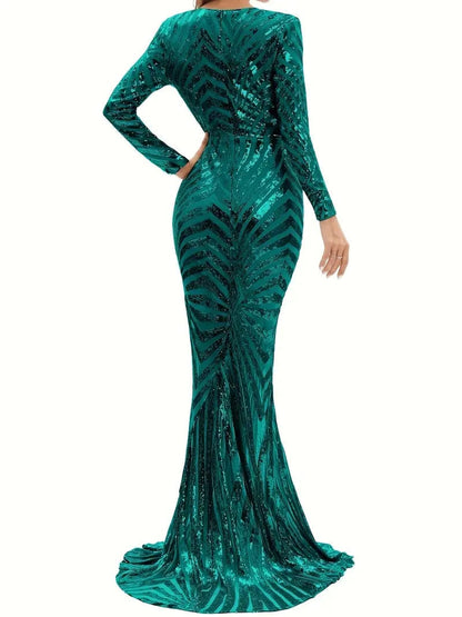 Sparkling Mermaid Dress with V-neck and Long Sleeves, Chic and Figure-Hugging Attire for Parties, Women's Fashion
