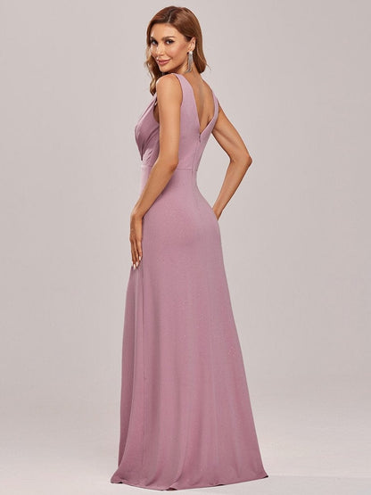 Sparkling V Neck Evening Gown with Side Slit in Full Length