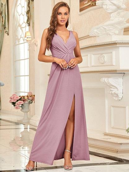 Sparkling V Neck Evening Gown with Side Slit in Full Length