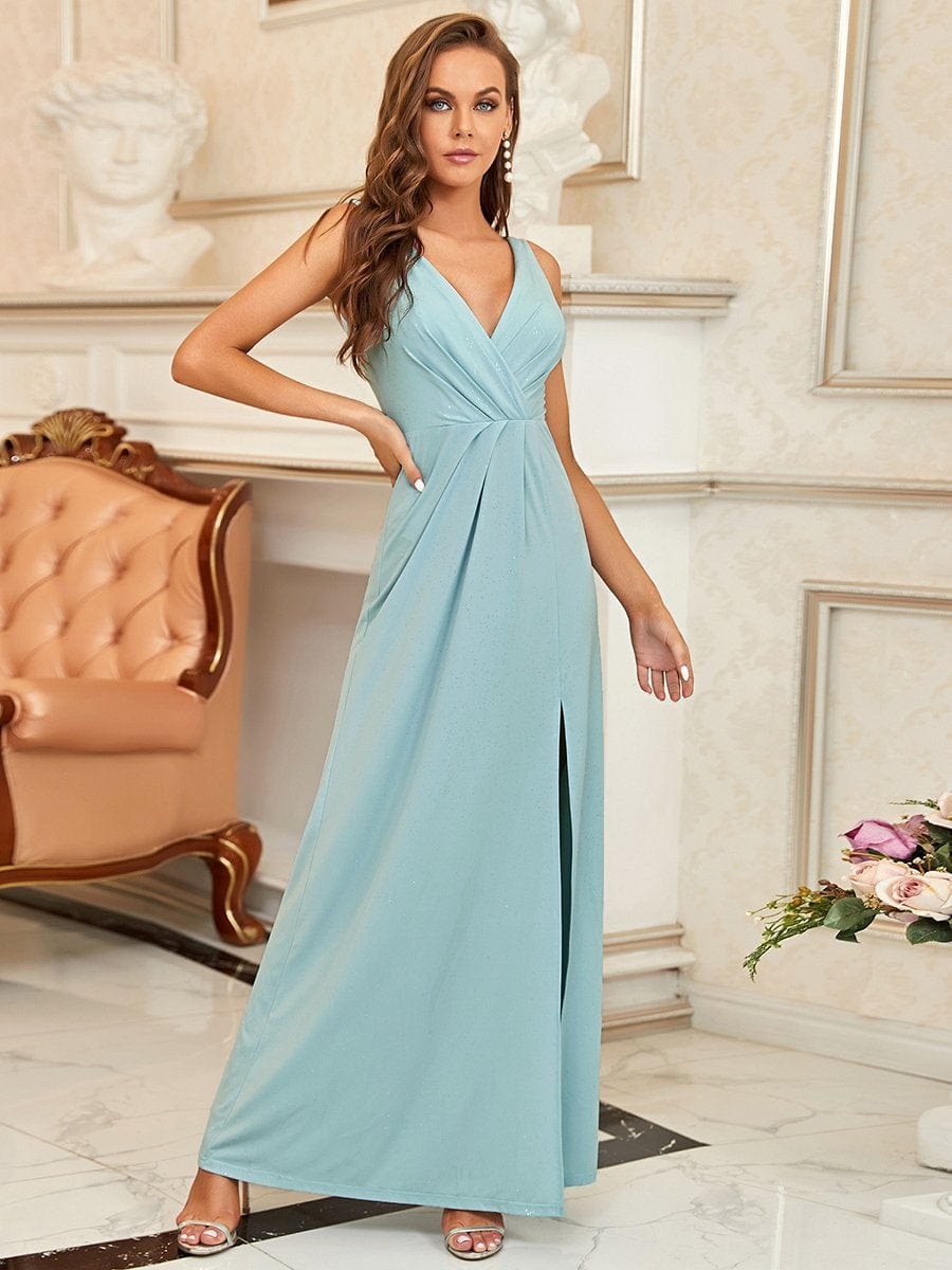 Sparkling V Neck Evening Gown with Side Slit in Full Length