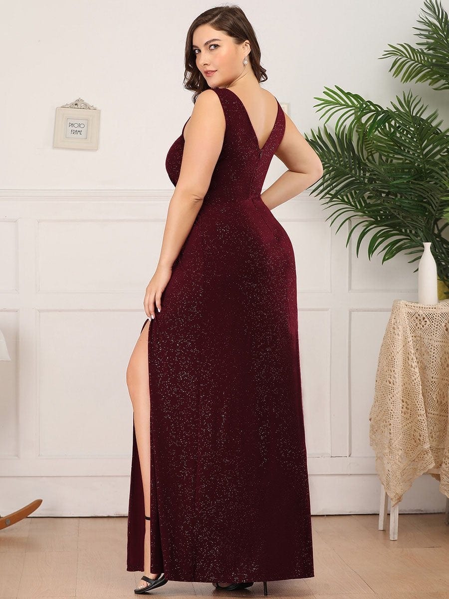 Sparkling V Neck Evening Gown with Side Slit in Full Length