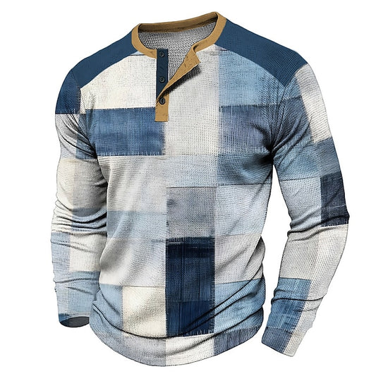 3D Printed Plaid Men's Waffle Henley T Shirt Outdoor Sports Festival Shirt Blue Brown Long Sleeve Spring & Fall Attire