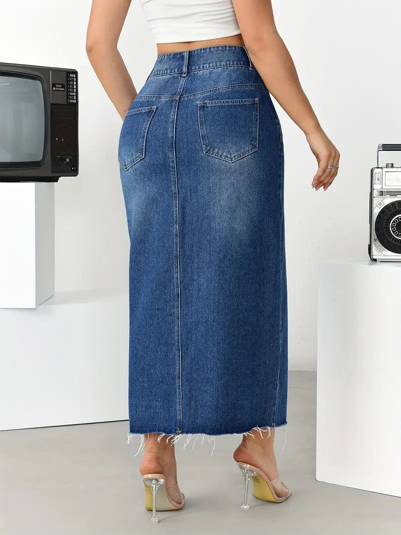 Split Denim Midi Skirt with High Waist and Stylish Slant Pockets