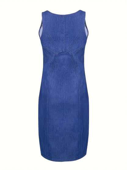 Split Scoop Neck Denim Dress with Zipper Detail, Sleeveless Slim Fit Elegant Denim Dress, Women's Denim Jeans & Apparel