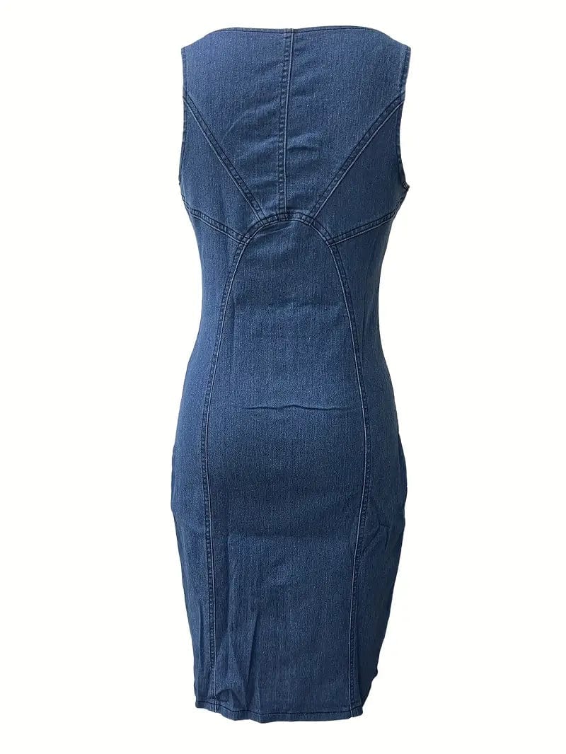 Split Scoop Neck Denim Dress with Zipper Detail, Sleeveless Slim Fit Elegant Denim Dress, Women's Denim Jeans & Apparel