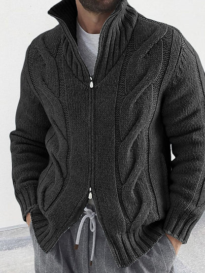 Men's Cardigan Sweater Zip Sweater Cropped Sweater Cable Knit Regular Knitted Vintage Plain Stand Collar Warm Ups Modern Contemporary Daily Wear Going out Clothing Apparel Winter Black White M L XL