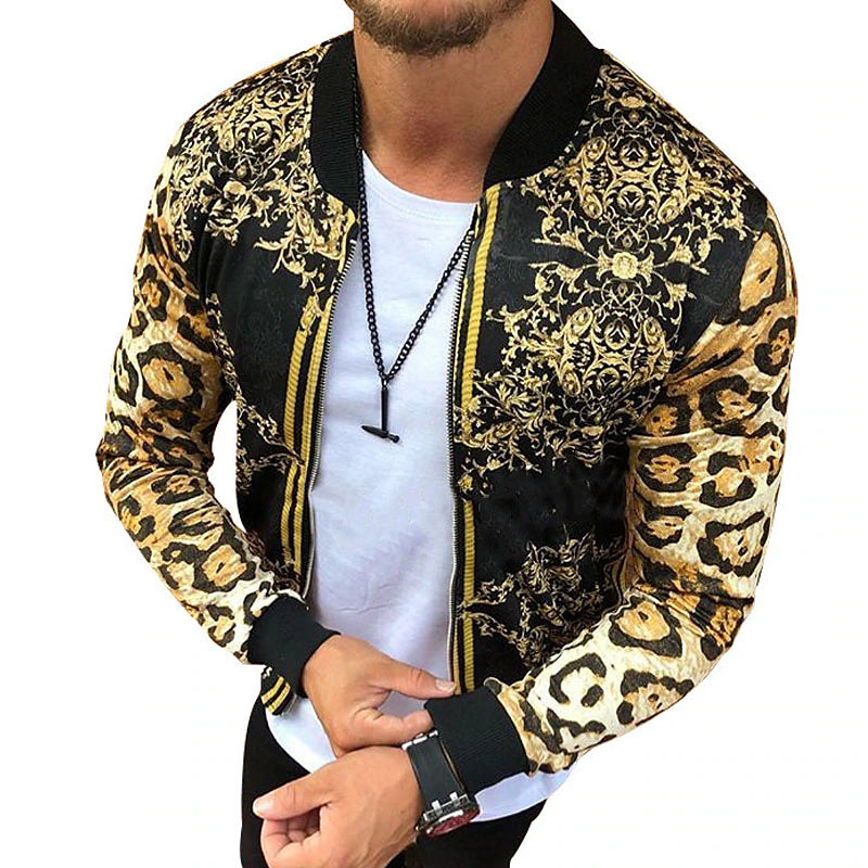 Men's Lightweight Jacket Summer Jacket Outdoor Street Breathable Pocket Print Fall Leopard Floral Streetwear Sporty Turndown Regular Regular Fit Gold Jacket