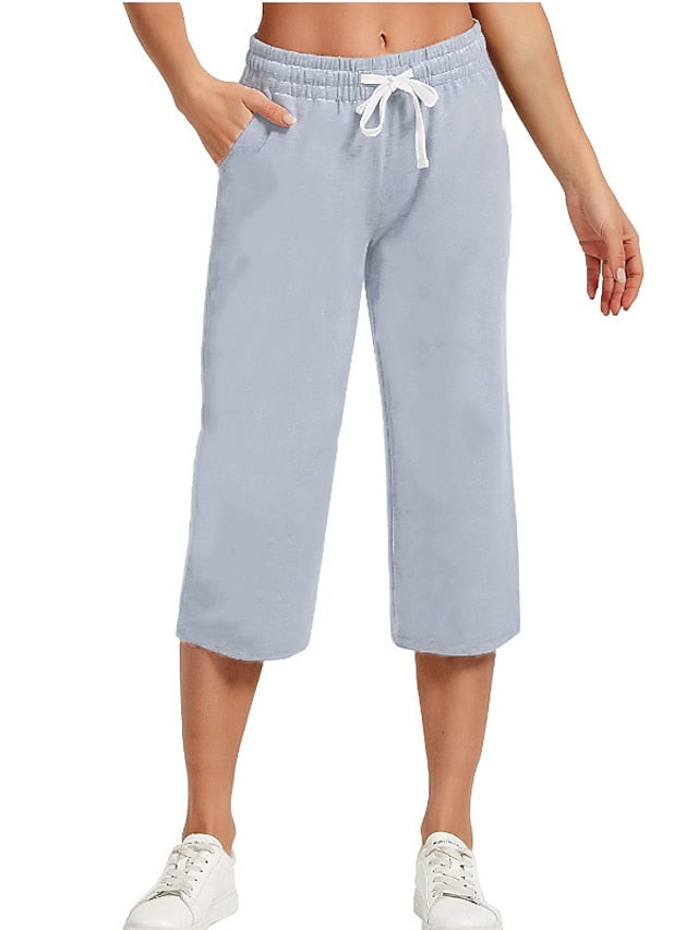 Women's Capri Pants Loose Yoga Cotton Capris Sweatpants with Pockets Wide Leg Drawstring Pants - LuckyFash™