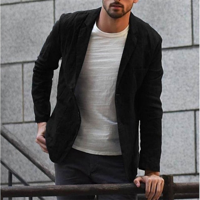 Men's Casual Jacket Blazer Dailywear Fashion Summer Fall Poly-Cotton Solid Color Classic Style Warm Single Breasted One-button Blazer Black Beige Grey