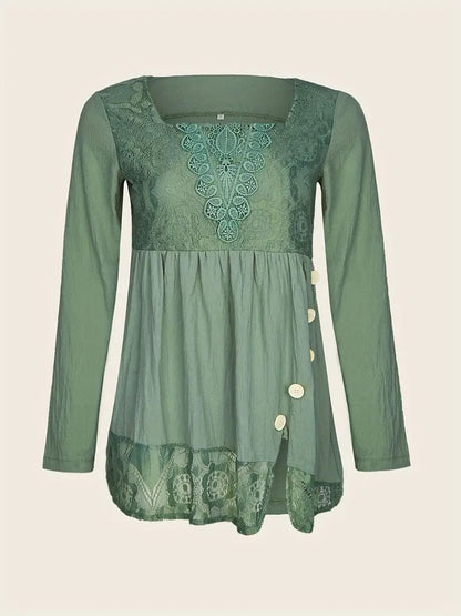 Square Neck Lace Top for Women, Long Sleeve Casual Blouse Ideal for Spring & Fall