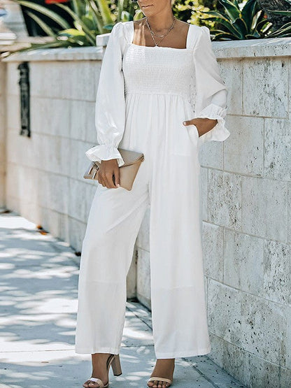 Square Neck Long Sleeve Solid Color Jumpsuit with Loose Straight Pants