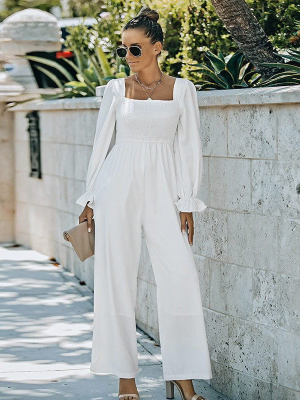 Square Neck Long Sleeve Solid Color Jumpsuit with Loose Straight Pants