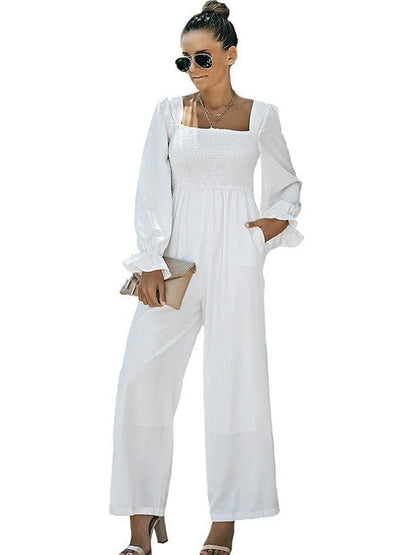 Square Neck Long Sleeve Solid Color Jumpsuit with Loose Straight Pants