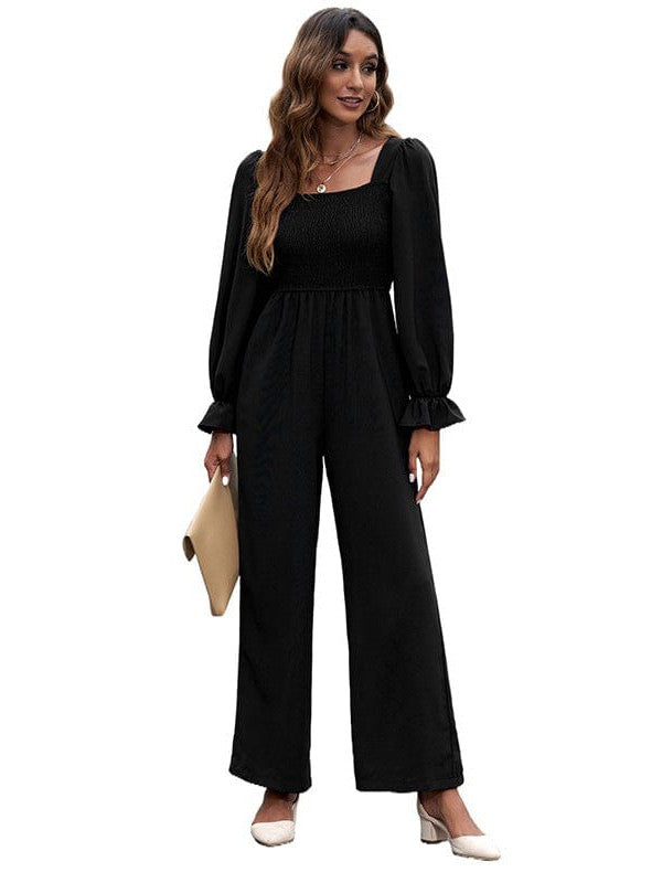 Square Neck Long Sleeve Solid Color Jumpsuit with Loose Straight Pants