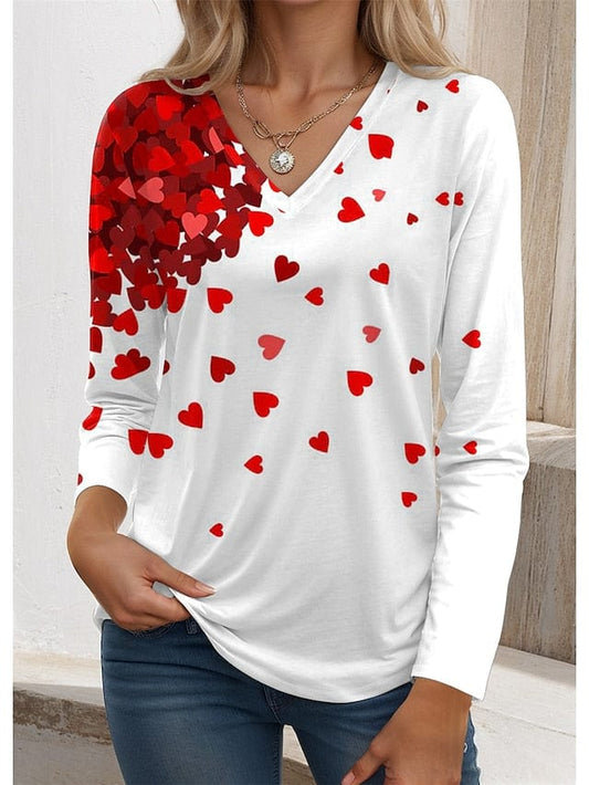 Valentine's Day Heart Print Long Sleeve Women's T-shirt