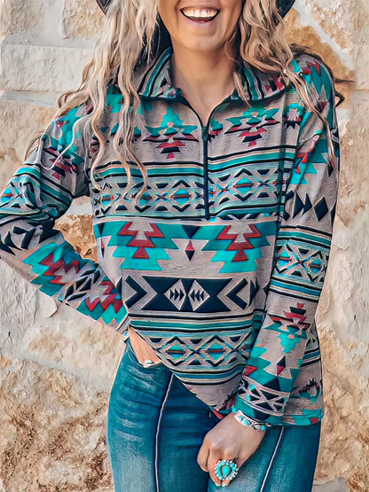 Stand Collar Zip Pattern Long Sleeve Hoodie