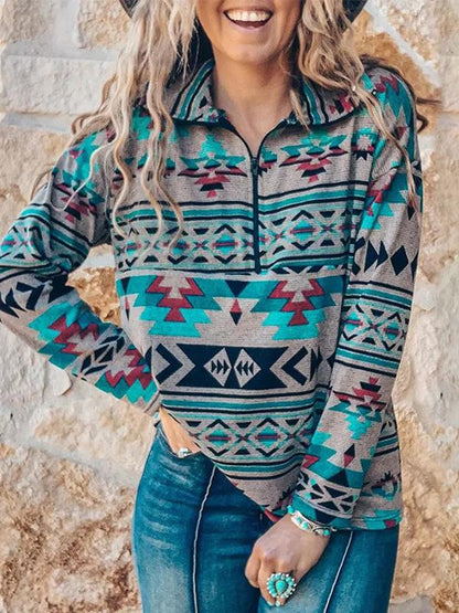 Stand Collar Zip Pattern Long Sleeve Hoodie