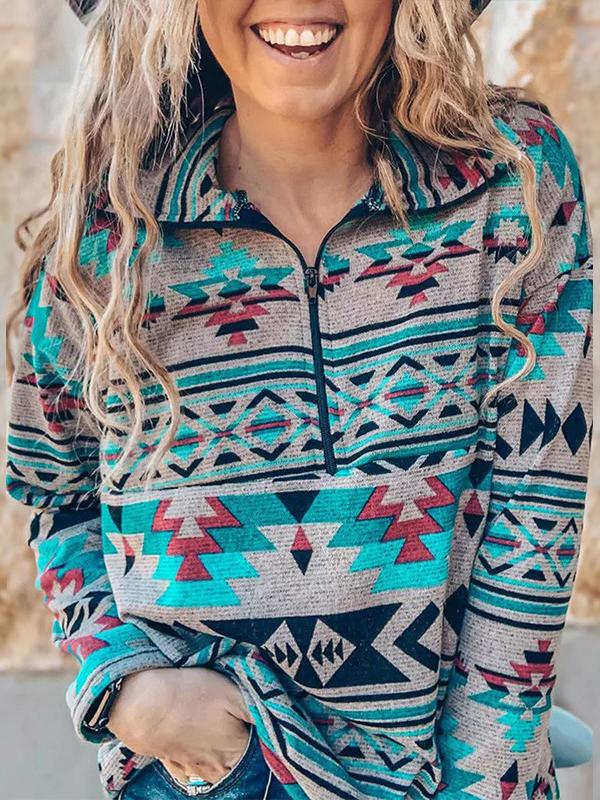 Stand Collar Zip Pattern Long Sleeve Hoodie