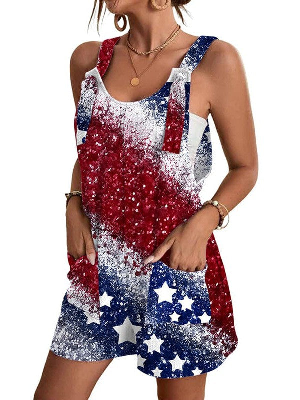 Star Print Women's Jumpsuit with American Flag Sleeveless Design
