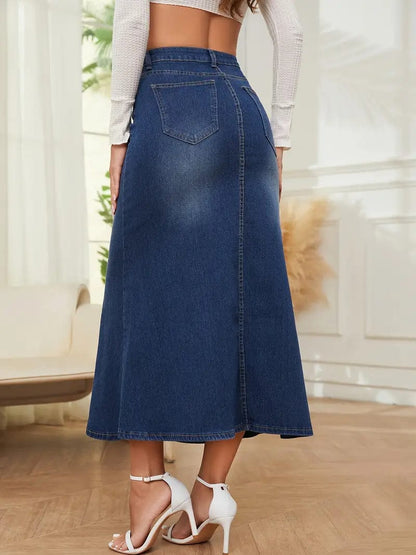 Stretchy Mermaid Denim Midi Skirt with Slant Pockets, Faded Denim Skirt, Women's Denim Attire