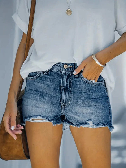 Stretchy Slim Fit Distressed Jean Shorts: Trendy Summer Style featuring Raw Hem, Side Pockets, and Easy Care Properties