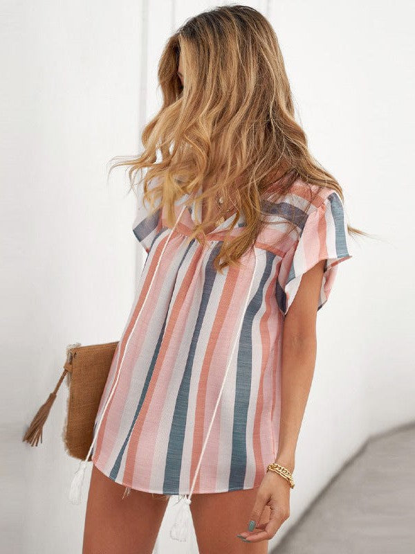 Striped Chiffon Ruffled Short-Sleeve Top for Women with Thin Fabric and Loose Fit