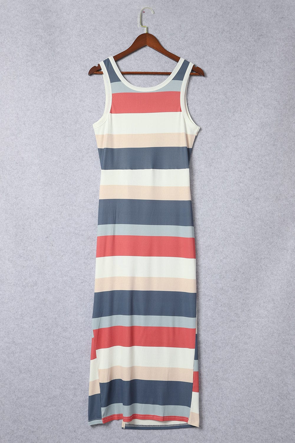 Striped Colorful Ribbed Knit Lace-Up Tank Dress with Slit