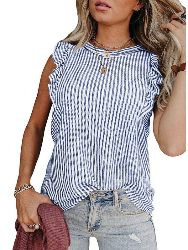 Striped Sleeveless Top with Ruffled Cuffs and Slim Fit ordinary style, Clothes Length 50cm