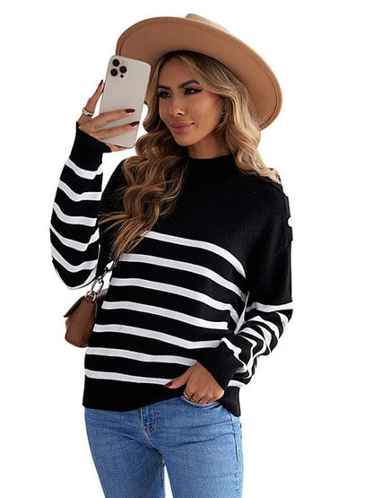 Striped Turtleneck Pullover Sweater for Women with Slim Fit