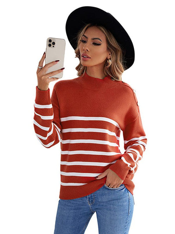 Striped Turtleneck Pullover Sweater for Women with Slim Fit