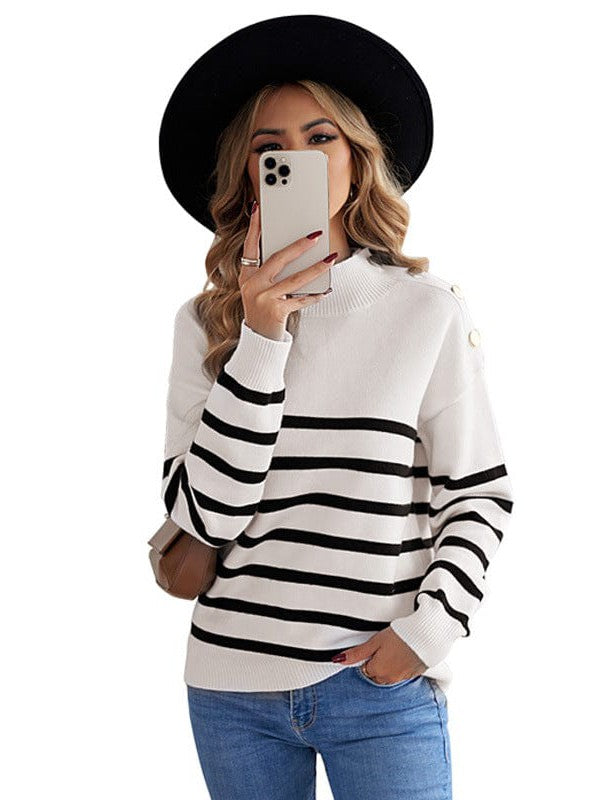 Striped Turtleneck Pullover Sweater for Women with Slim Fit