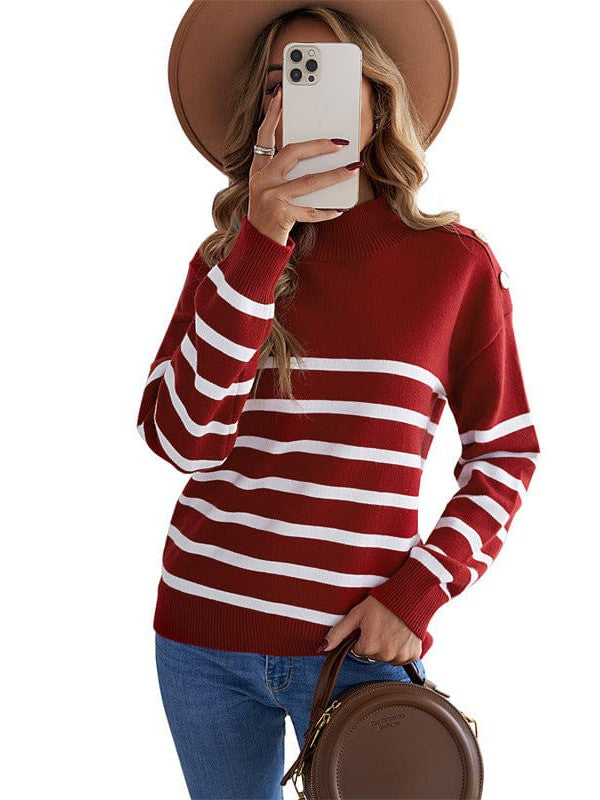 Striped Turtleneck Pullover Sweater for Women with Slim Fit