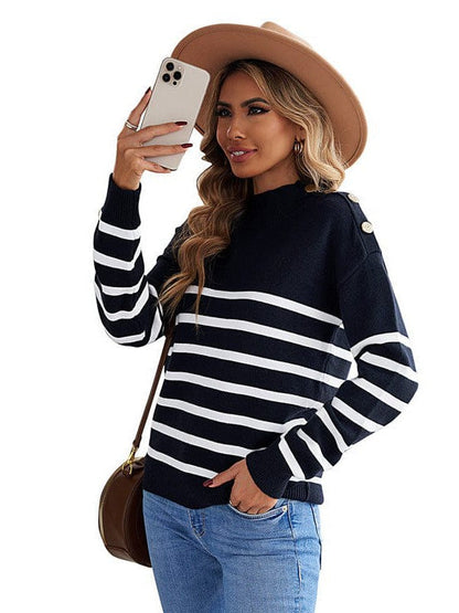 Striped Turtleneck Pullover Sweater for Women with Slim Fit