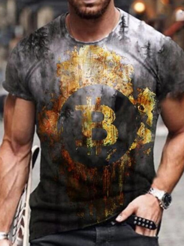 Bitcoin Tie Dye Mens 3D Shirt Casual | Black Summer Cotton | Men'S Unisex Tee Graphic Prints Crew Neck Blue Brown Green Gray 3D Daily Holiday Short Sleeve Clothing