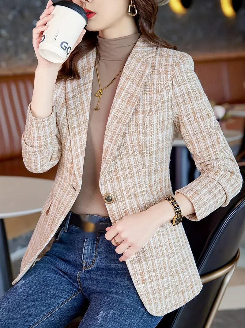 Stylish Color Block Blazer with Button Front and Lapel Neck, Long Sleeve Design for Women