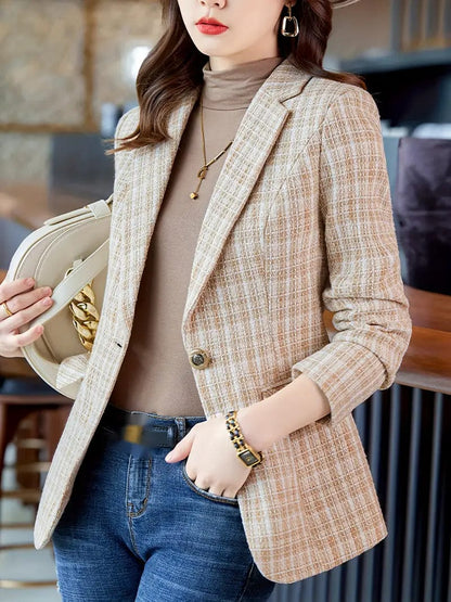 Stylish Color Block Blazer with Button Front and Lapel Neck, Long Sleeve Design for Women
