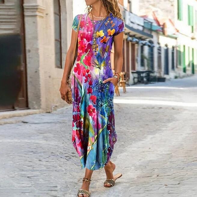 Stylish Floral and Tie Dye Print Maxi Dress with Pockets