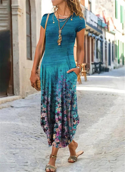 Stylish Floral and Tie Dye Print Maxi Dress with Pockets