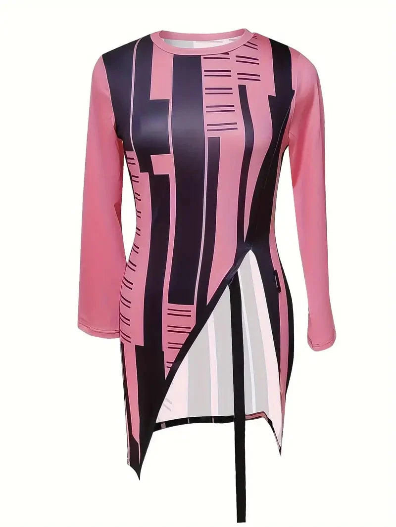 Stylish Geometric Print Split Hem Top for Spring & Fall, Women's Fashion Choice