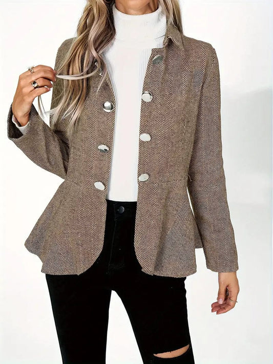 Stylish Long Sleeve Work Blazer with Button Front and Ruffle Hem