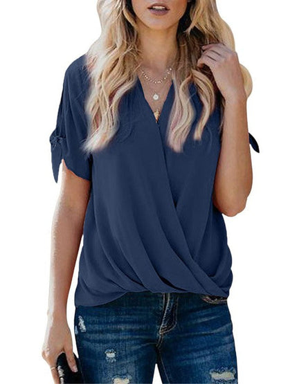 Stylish Loose Fit Chiffon Top with Pleats for Women - Solid Color Pullover with Short Sleeves